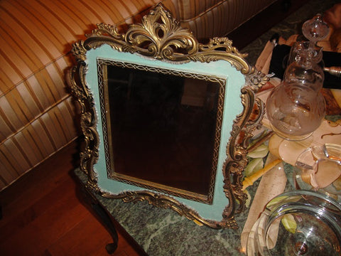 Art Nouveau Green Metal Tabletop Framed Mirror (#1060G) - Vintage Affairs - Vintage By Design LLC