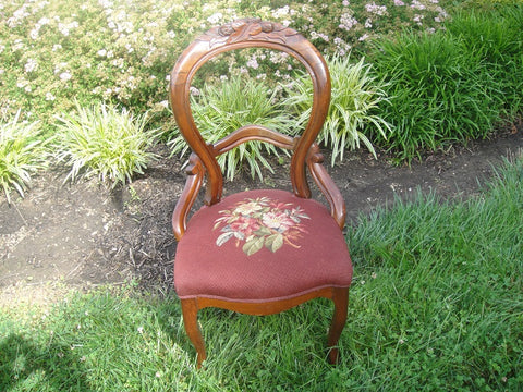 Burgundy Victorian Needlepoint Balloon Back Chair (#1149A) - Vintage Affairs - Vintage By Design LLC