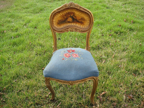Gold Framed Blue Needlepoint Chair with Painted Back (#1149H) - Vintage Affairs - Vintage By Design LLC