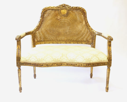 Louis XVI Style Giltwood Caned Back Upholstered Settee (#1173) - Vintage Affairs - Vintage By Design LLC