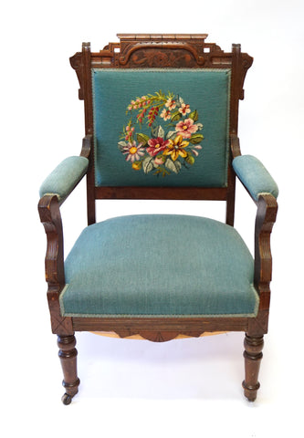 Blue Victorian Needlepoint Armchair (#1149) - Vintage Affairs - Vintage By Design LLC