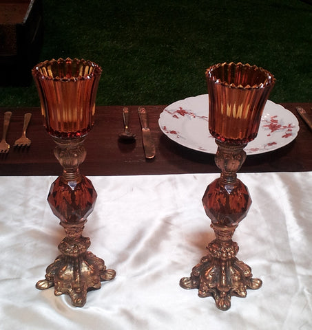 Pair of Amber Candle Holders (#1208) - Vintage Affairs - Vintage By Design LLC