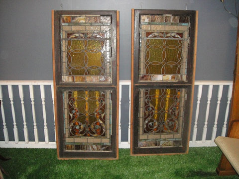 Pair of Stained Glass Panels in Brown Wooden Frames (#1317) - Vintage Affairs - Vintage By Design LLC