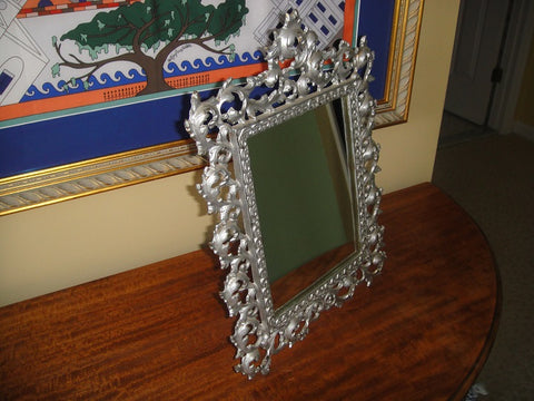 Art Nouveau Shabby Chic Silver Metal Tabletop Framed Mirror (#1061I) - Vintage Affairs - Vintage By Design LLC
