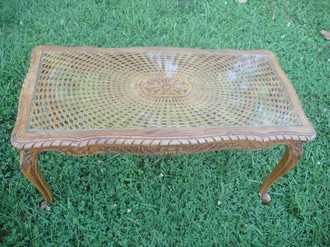 French Carved Oak and Cane Top Coffee Table (#1134K) - Vintage Affairs - Vintage By Design LLC