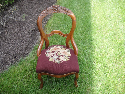 Royal Maroon Victorian Needlepoint Balloon Back Chair (#1149E) - Vintage Affairs - Vintage By Design LLC