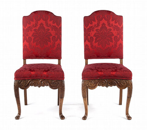 Pair of Red Upholstered Continental Style Oak Side Chairs (#1164A) - Vintage Affairs - Vintage By Design LLC