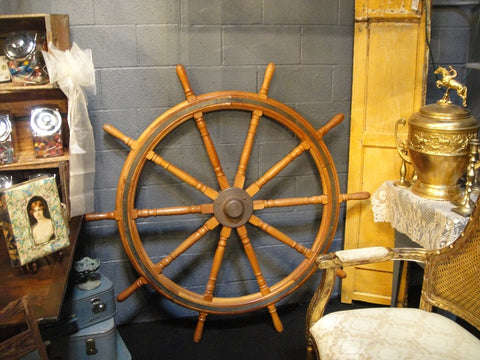 Large Maple and Metal Ship's Wheel (#1174) - Vintage Affairs - Vintage By Design LLC