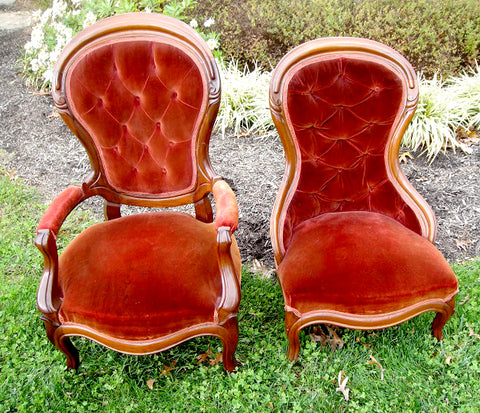 Pair of Plum Red Victorian Parlor Chairs (#1183A) - Vintage Affairs - Vintage By Design LLC