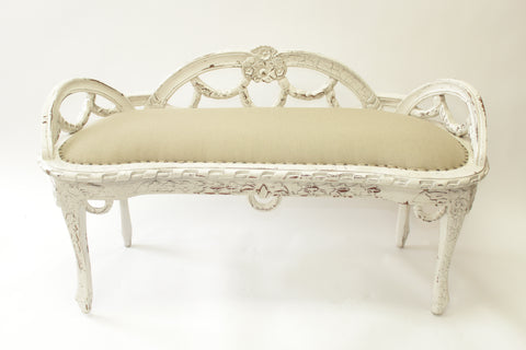 Ornately Carved White Linen Upholstered Bench with a Low Back (#1138A) - Vintage Affairs - Vintage By Design LLC