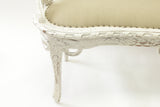 Ornately Carved White Linen Upholstered Bench with a Low Back (#1138A) - Vintage Affairs - Vintage By Design LLC