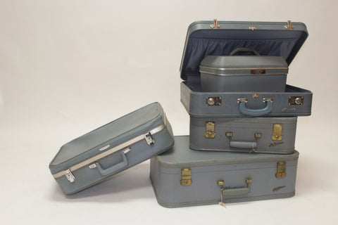 Set of 5 Blue Antique Suitcases - Vintage Affairs - Vintage By Design LLC